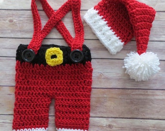 Crochet Santa Hat, Short Pants with Suspenders Size Preemie, Newborn to 24 months Photo Props, Christmas hat MADE to ORDER