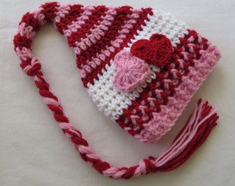 Crochet VALENTINE'S DAY Stocking HAT, Pixie/Elf Hat, Photo Props, Newborn, Baby Shower Gift, crochet, preemie, newborn to 12 months