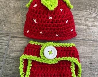 STRAWBERRY Hat Diaper Cover CROCHET Newborn Photo Props Baby Shower Gift Size Preemie, Newborn - 12 months Bringing Home Baby Outfit