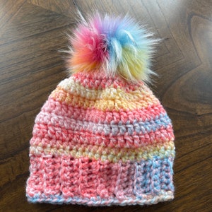 Crochet Hat with Colorful Faux Fur Pompom Girl 18 months - Toddler - READY to SHIP