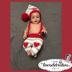 VALENTINE'S DAY Stocking Hat, Dungaree Set, Photo Props, Newborn Props, Baby Shower Gift, Preemie, Newborn up to 24 mo, Made to Order image 1