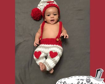 VALENTINE'S DAY Stocking Hat, Dungaree Set, Photo Props, Newborn Props, Baby Shower Gift, Preemie, Newborn up to 24 mo, Made to Order