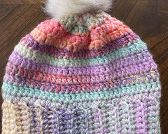 Crochet Hat Slouchy Style Women’s X-Large 23-24” Colorful Faux Fur Pompom READY to SHIP