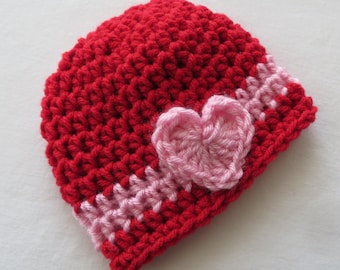 RED VALENTINE'S Hat Crochet Hat, HEARTS, Baby Girl, Valentine's Day Props, Preemie, Newborn to Toddler, Adult, Shower Gift, baby's 1st hat