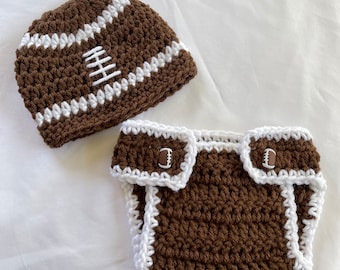 Crochet FOOTBALL Beanie / Diaper Cover Set, Handmade NEWBORN Photo Props, Baby Shower Gift, Preemie, Newborn to 6 months Made to Order