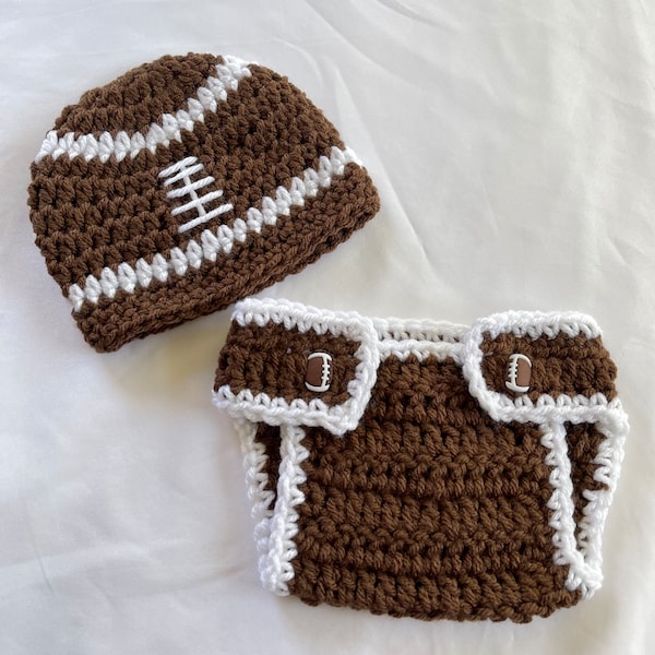 Crochet FOOTBALL Beanie / Diaper Cover Set, Handmade NEWBORN Photo Props, Baby Shower Gift, Preemie, Newborn to 6 months Made to Order