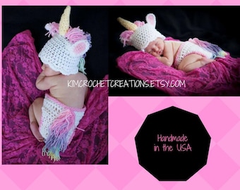 Sombrero UNICORNIO de ganchillo, sombrero de animal, cubierta de pañal, HECHO A PEDIDO, accesorios fotográficos, regalo de ducha, traer a casa traje de bebé, prematuro, recién nacido - 12 meses