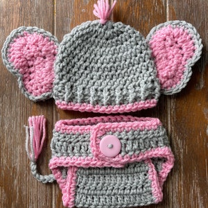 Crochet Elephant Hat Diaper Cover w/ Tail, Baby Girl, Animal hat, Photo Props, Shower Gift, Preemie, Newborn to 12 mo, bringing home baby