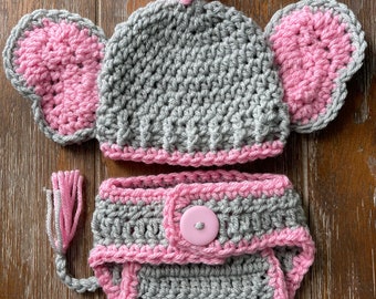 Crochet Elephant Hat Diaper Cover w/ Tail, Baby Girl, Animal hat, Photo Props, Shower Gift, Preemie, Newborn to 12 mo, bringing home baby