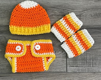 CANDY CORN Hat, Diaper Cover and Leg Warmers, Baby Boy, Newborn Photo Props, Preemie, Baby Shower Gift, HALLOWEEN