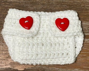 Crochet Valentine Diaper Cover White w/Heart Shaped Buttons, Newborn Photo Prop, Shower Gift, Photo Prop, Size Preemie, Newborn to 18 months