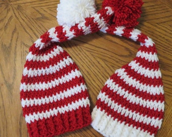Crochet CHRISTMAS Opposite Hats, Set of 2 pixie pompom hats, photo props, shower gift, boys, girls, Christmas hats, TWINS photo prop hats