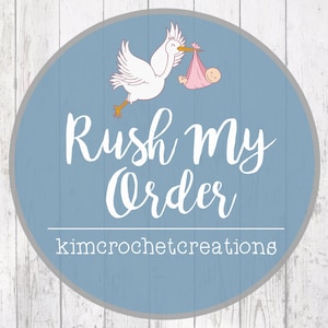 May include: A blue circle with a white stork carrying a pink baby. The text 