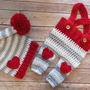 VALENTINE'S DAY Stocking Hat, Dungaree Set, Photo Props, Newborn Props, Baby Shower Gift, Preemie, Newborn up to 24 mo, Made to Order image 2