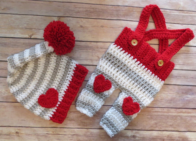 VALENTINE'S DAY Stocking Hat, Dungaree Set, Photo Props, Newborn Props, Baby Shower Gift, Preemie, Newborn up to 24 mo, Made to Order image 2