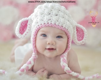 Crochet Lamb Hat - White & Pink, Baby Girl Photo Prop