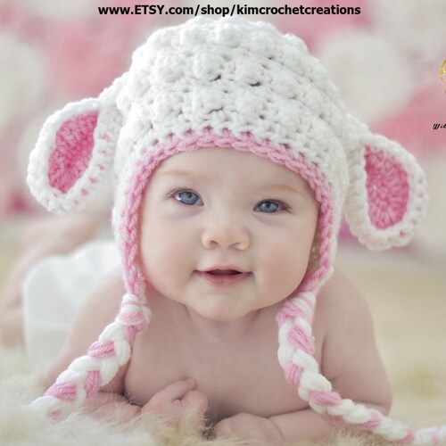 Crochet LAMB Hat White & Pink Baby Girl Photo Props Baby - Etsy