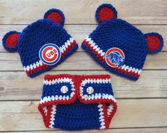 Crochet Set, ONE Cubs Hat & matching Diaper Cover, Newborn to 12 months, photo props, MLB Chicago Cubs, Bear or Cubs patch