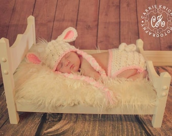 Baby Lamb Girl Crochet Hat & Diaper Cover Photo Props Baby Shower Gift, bringing home baby girl outfit Preemie, Newborn, 0-3 mo  3-6 mo