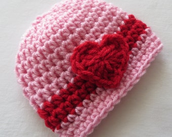 PINK VALENTINE'S Hat, Red HEART, Baby Girls, Valentine's Day Photo Props, Preemie to Toddler, Baby Shower Gift, crochet hat, baby's 1st hat