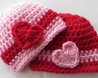For the TWINS Set of 2 Crochet VALENTINE'S Day Girl Hats Red and Pink Opposite Hats Heart Appliques, Bringing home baby hats