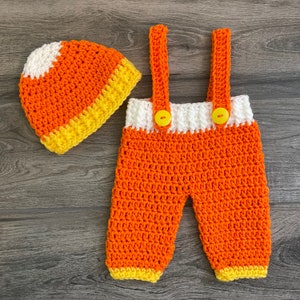 CANDY CORN Hat & Pants w/Suspenders Crochet Set, Photo Props Baby Shower, Halloween, preemie, newborn to 24 months // Made to Order