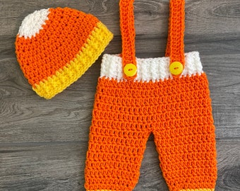 Size 0-3 mo CANDY CORN Hat & Pants w/Suspenders Crochet Set, Photo Props Baby Shower, Halloween Outfit, READY to Ship