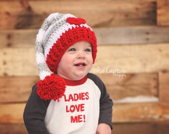 Crochet VALENTINE'S DAY Photo Prop Hat, Newborn Props, Baby Shower Gift, preemie, newborn up to Toddler, Grey White Red Crochet Pompom Hat