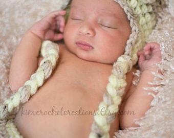 Crochet SLEEPY OWL Hat Diaper Cover Set Tan Tweed Light Green Preemie, Newborn, Photo Prop, Baby Shower Gift, baby girl