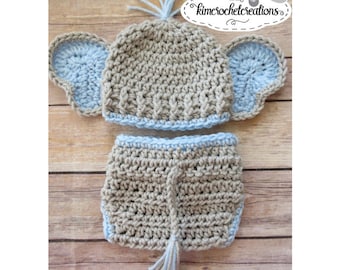 Crochet Elephant Hat and Diaper Cover Set, Newborn Photo Prop