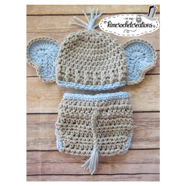 Crochet BOY Elephant Hat, Diaper Cover w/ Tail, Animal hat, Photo Props, Shower Gift, Preemie, Newborn to 12 mo, bringing home baby boy