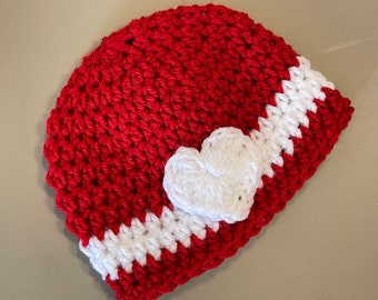 RED VALENTINE’S Crochet Hat, Valentine's Day Props, Preemie, Newborn to Toddler, Adult, Shower Gift, Red with White - made to order