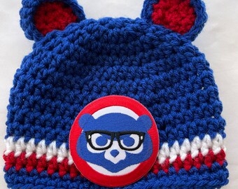 Cubs Crochet Hat Newborn to Adult, baby children's photo prop hat, MLB Chicago Cubs Baseball, Patch is Bear Face with Glasses