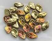 Full California Gold, 7 mm x 12 mm ,Czech Glass Leaves, 24 Beads - Item LF1034