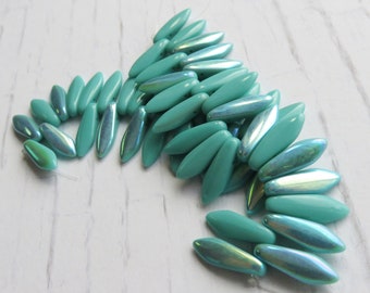 Green Turquoise with Full Picasso Coating Dagger 5 mm by 16 mm Czech Beads 25 beads Item 6877
