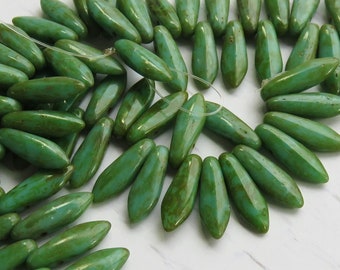 Green Turquoise with Full Picasso Coating Dagger 5 mm by 16 mm Czech Beads 25 beads Item 6877