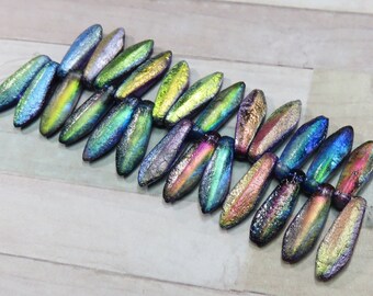 Green Turquoise with Full Picasso Coating Dagger 5 mm by 16 mm Czech Beads 25 beads Item 6877