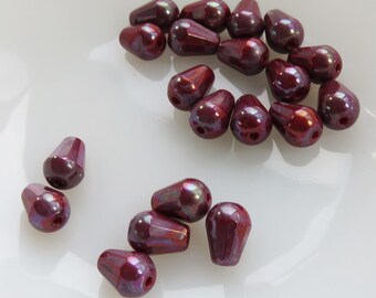 Small Czech Glass Faceted Thru Cut Teardrop Drop Bead Red Nebula 20 Beads Item 5837 8 x 6 mm
