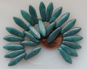 Green Turquoise with Full Picasso Coating Dagger 5 mm by 16 mm Czech Beads 25 beads Item 6877