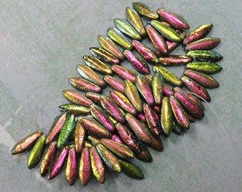 Green Turquoise with Full Picasso Coating Dagger 5 mm by 16 mm Czech Beads 25 beads Item 6877