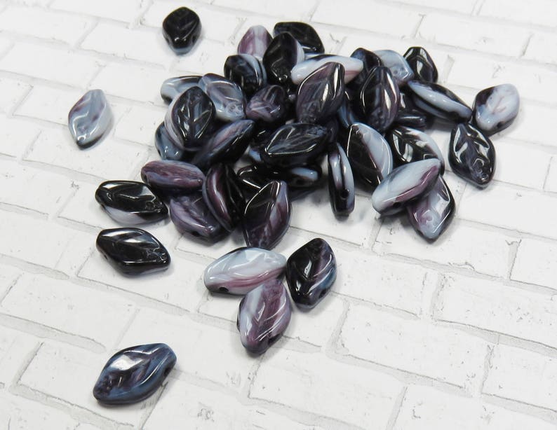 24 Beads Czech Glass Leaves Item LF696 Fused Dark Amethyst and Cream