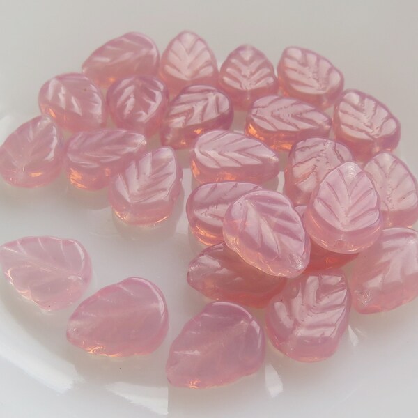 Opal Milky Pink Czech Glass, 8 mm by 10 mm Leaves, 25 Beads - Item LF890