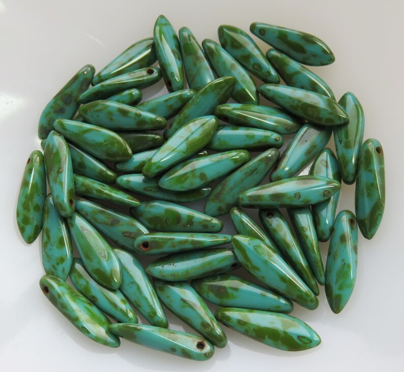 Green Turquoise with Full Picasso Coating Dagger 5 mm by 16 mm Czech Beads 25 beads Item 6877