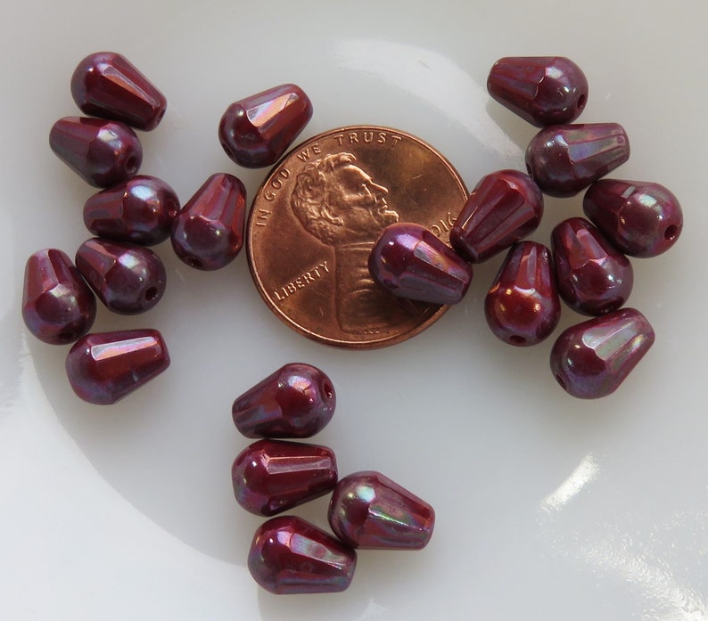 Small Czech Glass Faceted Thru Cut Teardrop Drop Bead Red Nebula 20 Beads Item 5837 8 x 6 mm