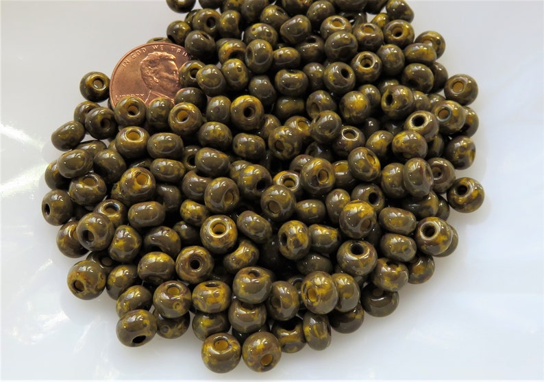 10 g 20 Czech Glass Seed Bead Large Hole Item SB241 50-55 Beads Dark Yellow With Dark Travertine
