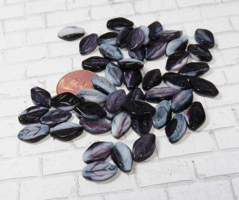 24 Beads Czech Glass Leaves Item LF696 Fused Dark Amethyst and Cream