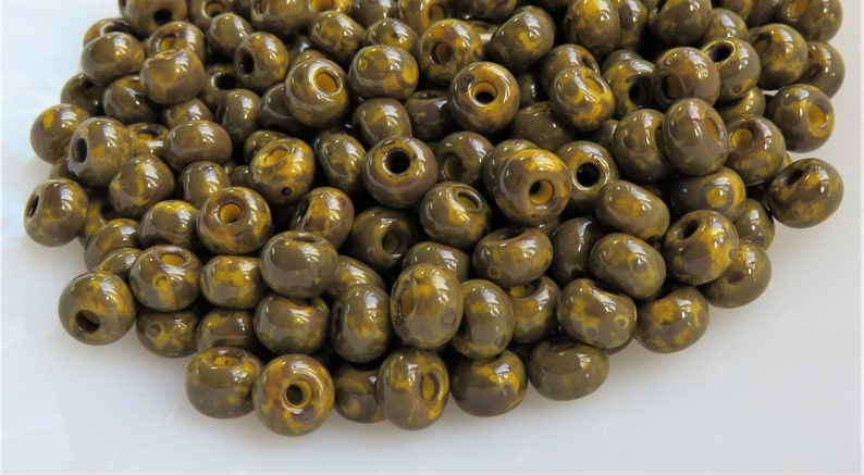 10 g 20 Czech Glass Seed Bead Large Hole Item SB241 50-55 Beads Dark Yellow With Dark Travertine
