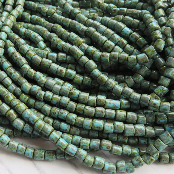Aged Green Turquoise Picasso, 4 mm Tube Beads, 1 Strand, approx 20 " - Item SB102