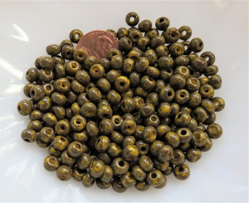 10 g 20 Czech Glass Seed Bead Large Hole Item SB241 50-55 Beads Dark Yellow With Dark Travertine