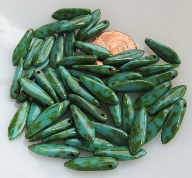 Green Turquoise with Full Picasso Coating Dagger 5 mm by 16 mm Czech Beads 25 beads Item 6877